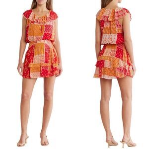 NWT Ramy Brook Mittie Cap Sleeve tiered mini dress in Flame patchwork Size S